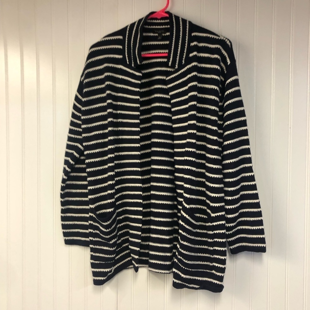Talbots Navy and White Striped Open Front Cardigan Sweater Petite Large